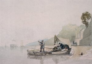 नाव और आंकड़े के साथ तट दृश्य (ड्राइंग)